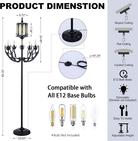 Wellmet Vintage Black Floor Lamp, 5-Light Farmhouse Modern Floor Lamp, for Living Room, Entryway, Hallway, Bedroom, Reading Room, (E12 Bulb Base)