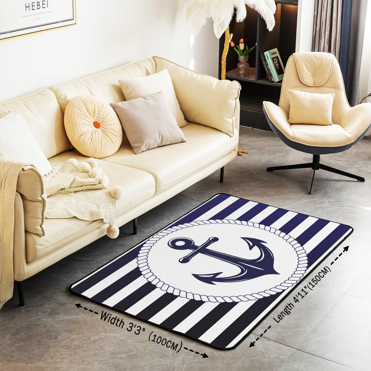 Erosebridal Nautical Living Room Rugs for Kids Adults Boys Navy Anchor Decorative Carpet Geometric Blue Stripes Area Rug Retro Sea Adventure Theme Ocean Navigation Indoor Floor Mat