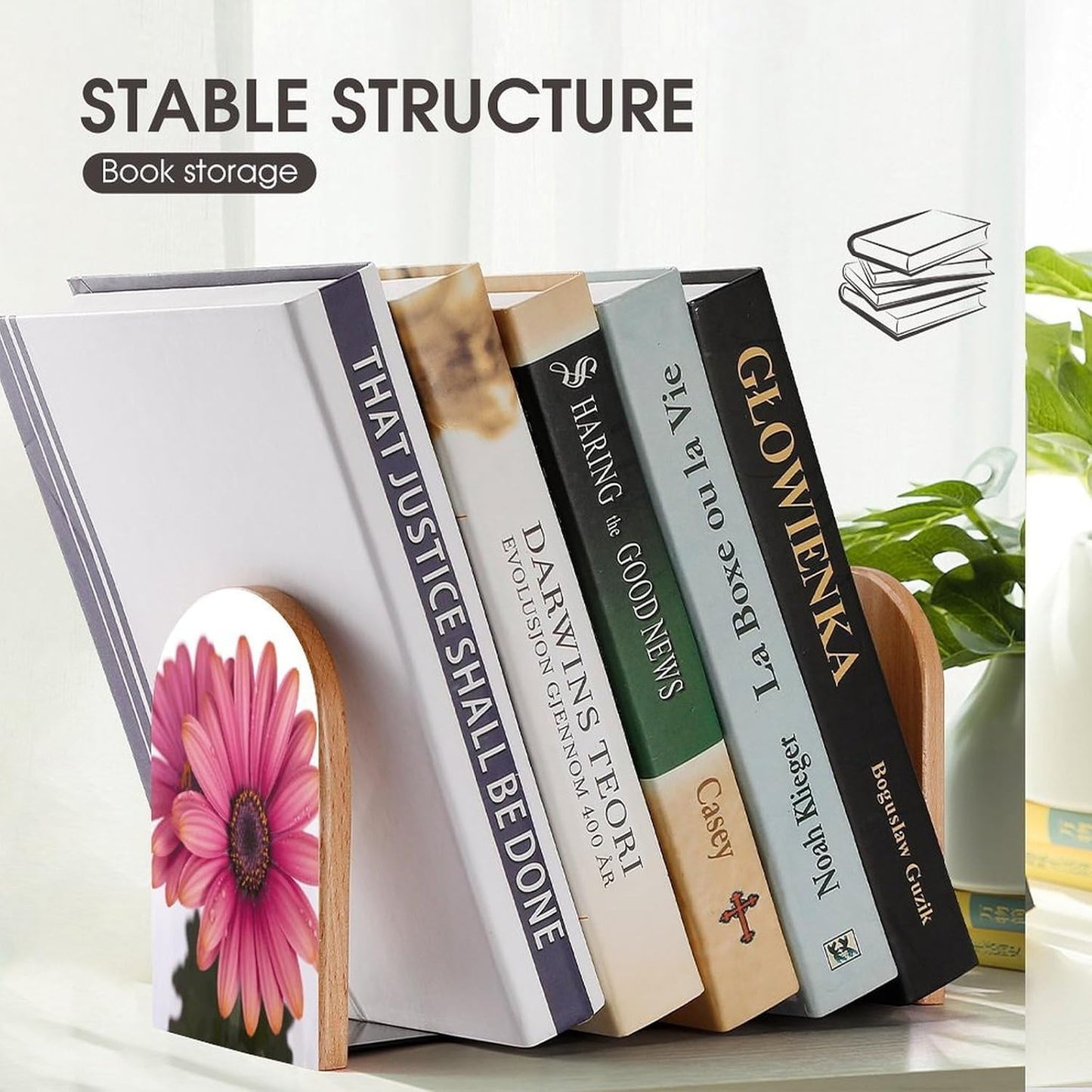 Pink Daisy Flower Bookends 1 Pair Heavy Duty Book Ends for Shelves Non-Skid Bookend Supports Wooden Book Holders with Metal Base Desk Organizers Books Storage to Hold Books