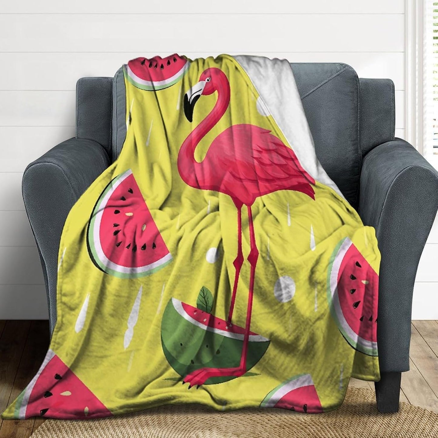 Pink Flamingo And Watermelon Blanket Super Soft Lightweight Throw Blanket Cute Cozy Warm Bed Blanket Decorative Fuzzy Blanket All-Season Home Decor Gift for Sofa Couch Living Room 40"*50" （100*130cm）