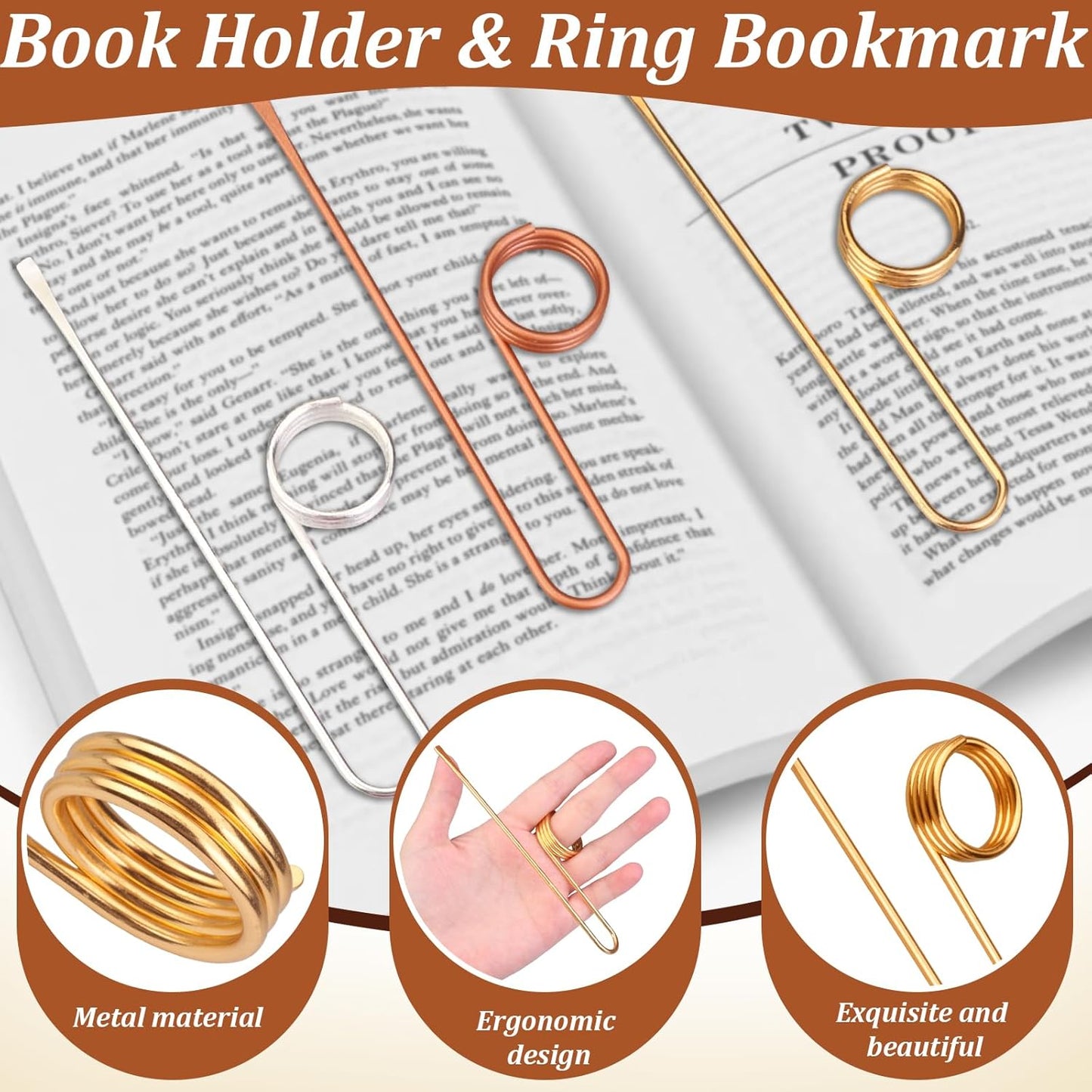3Pcs Book Holder Ring, Metal Thumb Book Page Holder, Lightweight Ring Book Opener for Reading, Ergonomic Book Page Holders, Gifts for Book Lovers (Copper/Gold/Silver)