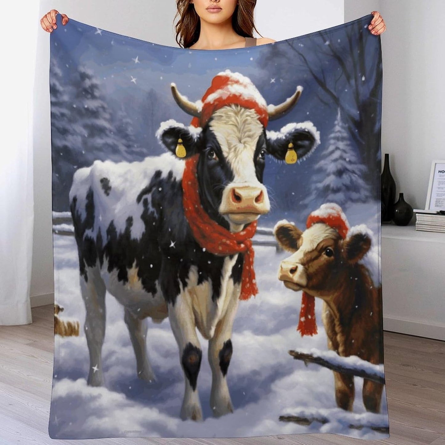 Christmas Snow Cow Blanket Chunky Fluffy Fuzzy Bed Blankets Cozy Soft Warm Winter Blankets Anti-Pilling Flannel Throw Blanket for Couch Living Room Bedroom Multiple Size