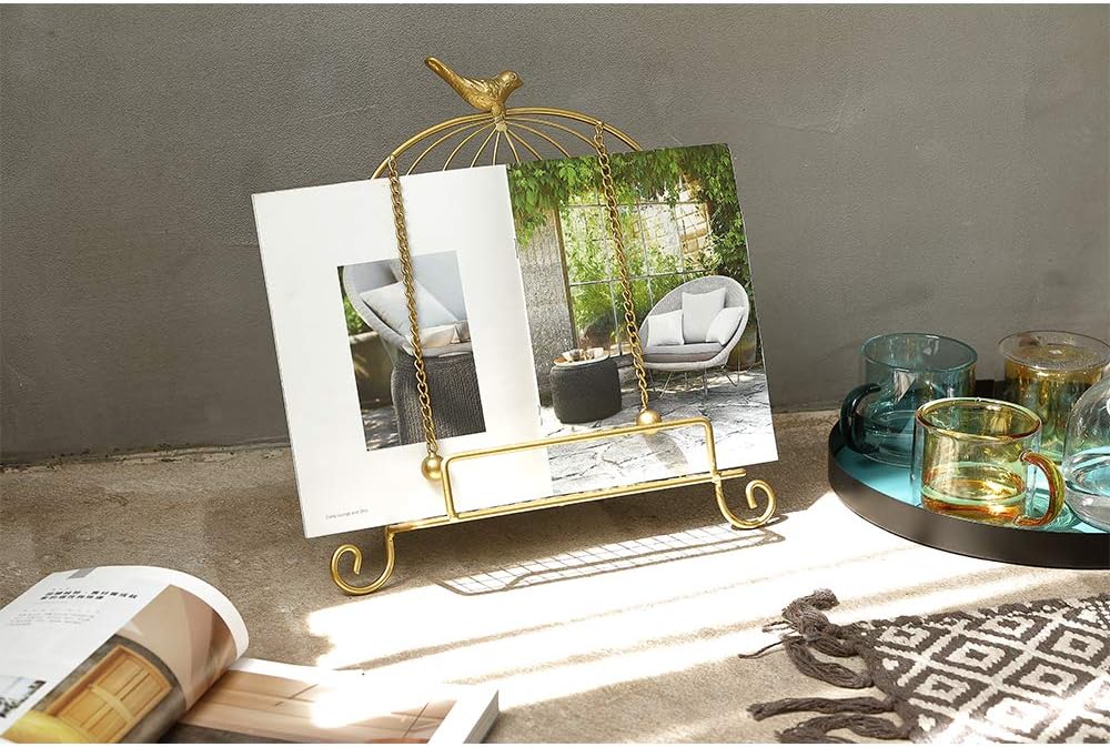 Jemeni Cookbook Stand for Kitchen, A Recipe Easel is Metal Birdcage Shaped with 2 Weighted Chains, Gold…