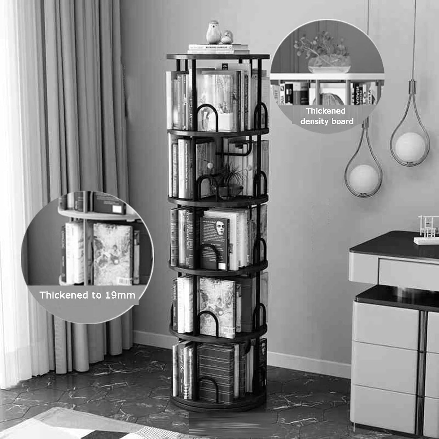 360° Rotating Bookshelf - 5 Tier Bookcase & CD Storage Rack - Space-Saving Book Shelf Organizer for Bedroom, Living Room, Office & Library - Stylish White Design