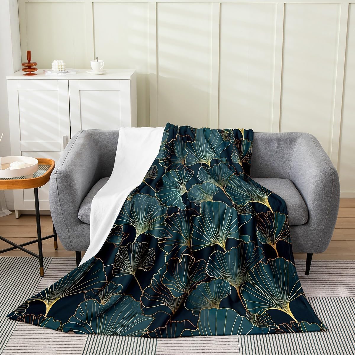 Ginkgo Leaves Flannel Blanket for Kids Adults,Luxury Golden Leaves Flannel Fleece Blanket Throw 50"x60",Natural Botanical Lightweight Bed Blankets All Season Use