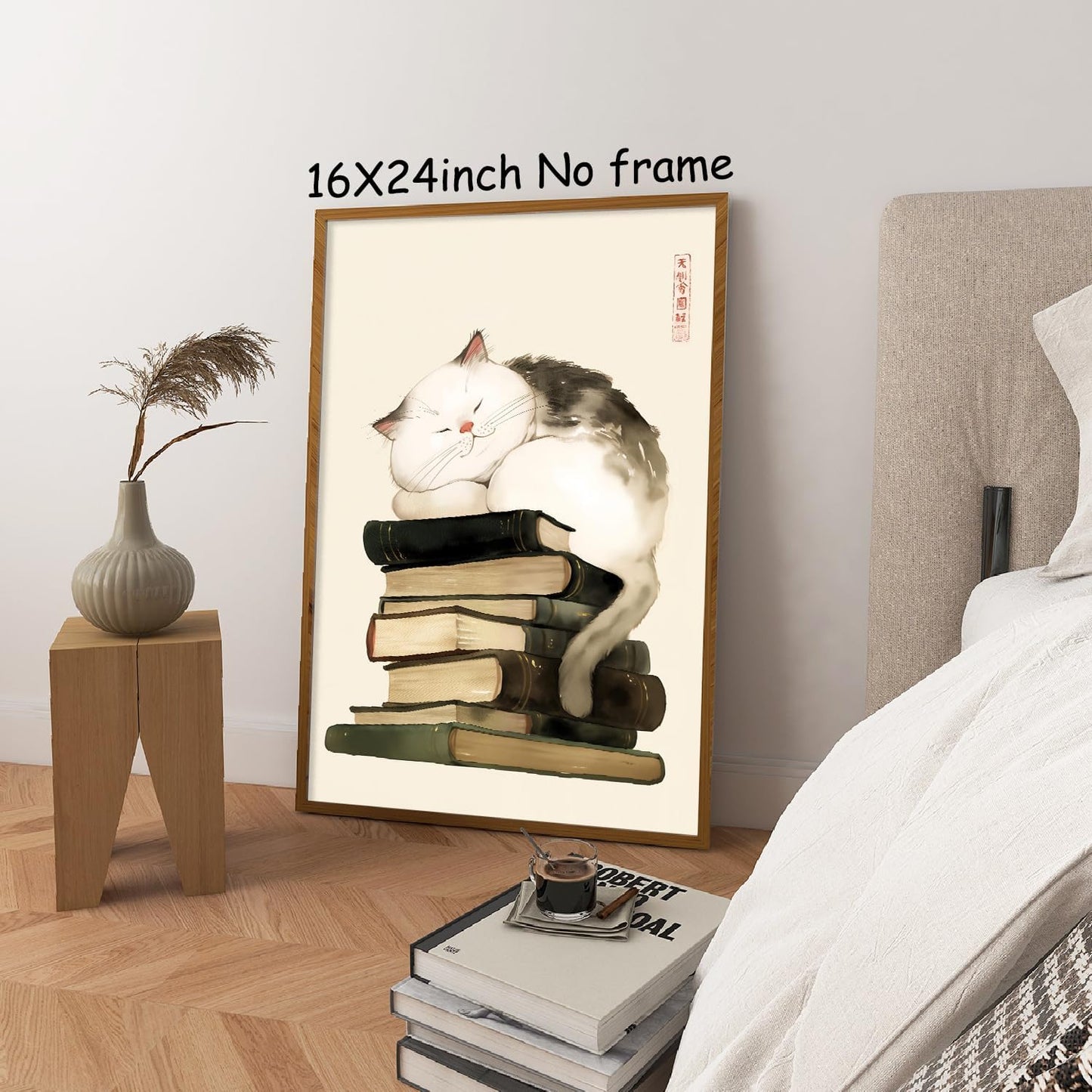 Japanese Vintage Cat Poster Animals Reading Books Poster Japan Painting Cute Cat Print Japanese Animal Wall Art Vintage Book Pictures Japan Aesthetic Posters Watercolor Animal Artwork 16x24in Unframed