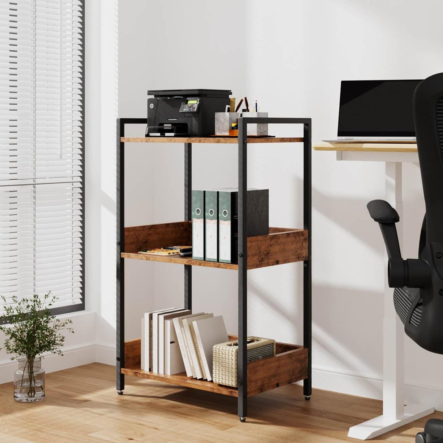 Bookshelf Bookcase with Storage Cabinet, 3-Tier Modern Corner Bookshelves, Narrow Wood Book Rack, Mini Floor Standing Book Organizer for Kid Room, Bedroom, Living Room, Home Office, CD/DVD