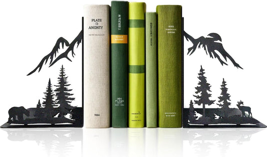 Mountain Forest Book Ends Decorative for Shelves, Cute Metal Bookends for Heavy Books, Unique Laser Cut Book Holders, Black Book Stopper for Home Office, Decorative Bookends for Shelf Decor