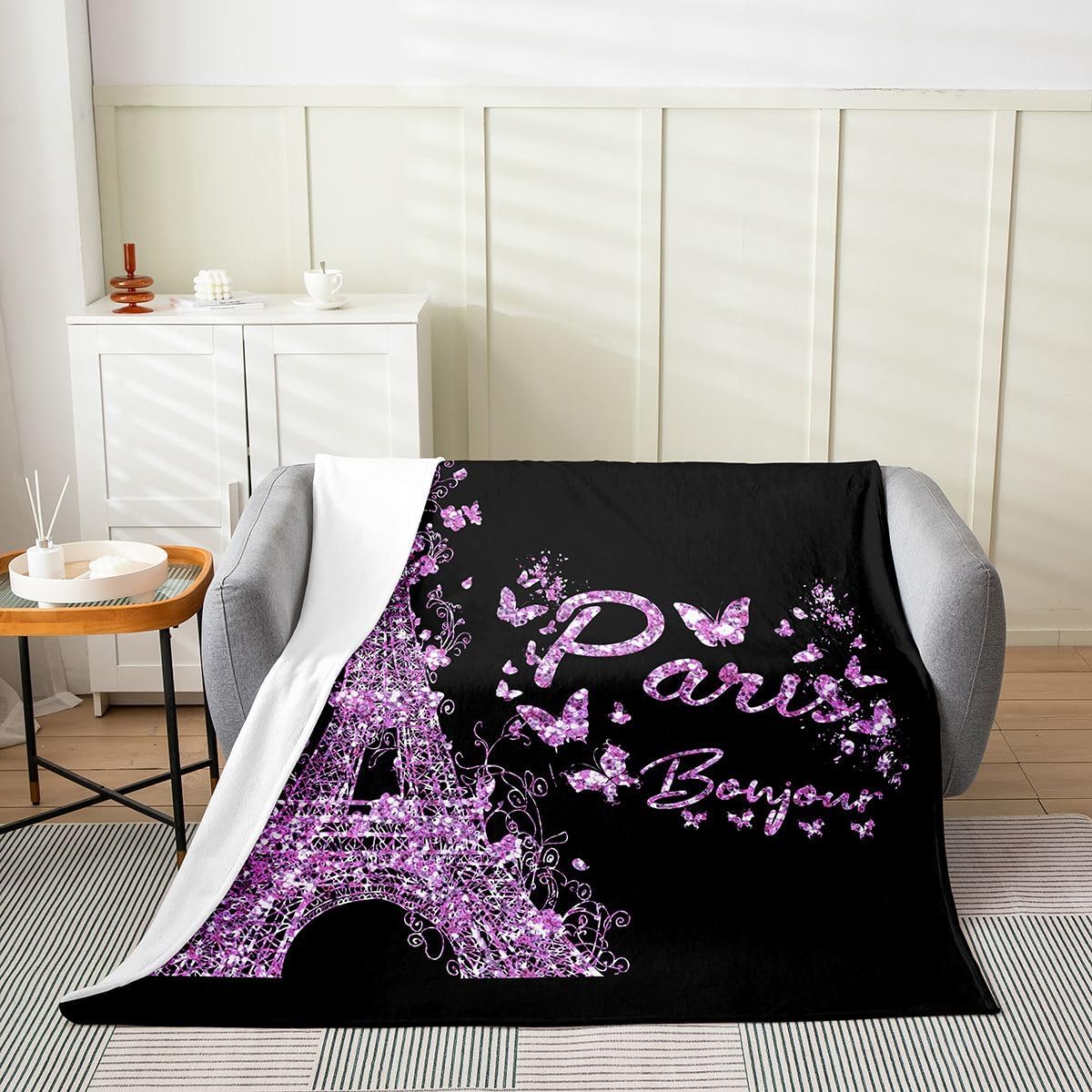 Feelyou Eiffel Tower Flannel Fleece Throw Blanket,All Season Paris Butterfly Bed Blanket Paris Decor Purple Black Fuzzy Blanket for Bed Sofa Couch,Bedroom Decor Valentines Plush Blanket Twin 60"x80"