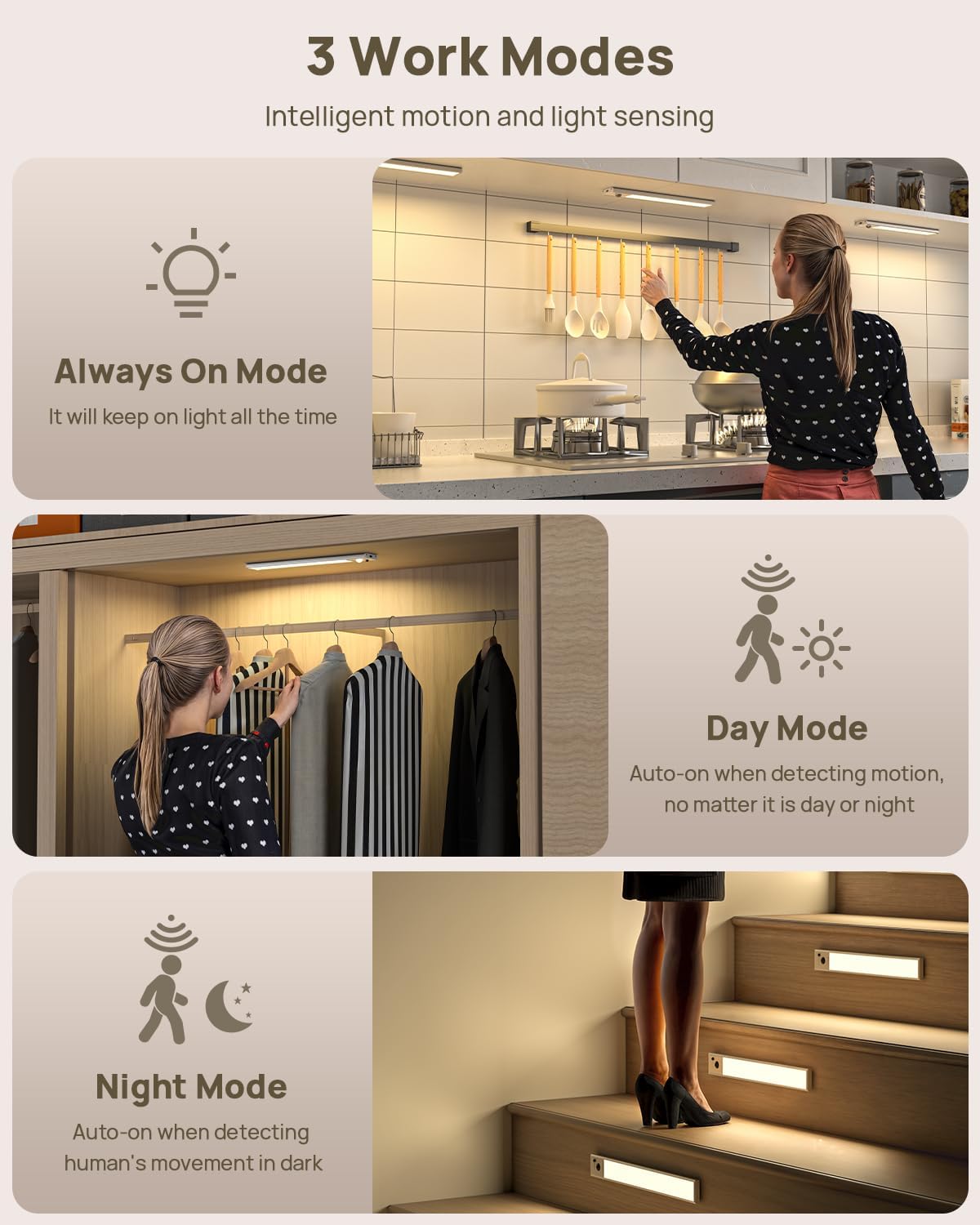 12" Under Cabinet Lights Wireless, Motion Sensor Light Indoor with Remote, LED Rechargeable Closet Light, 3 Color Temps, Dimmable, Magnetic, Under Counter Lights for Kitchen, Stairs, Pantry
