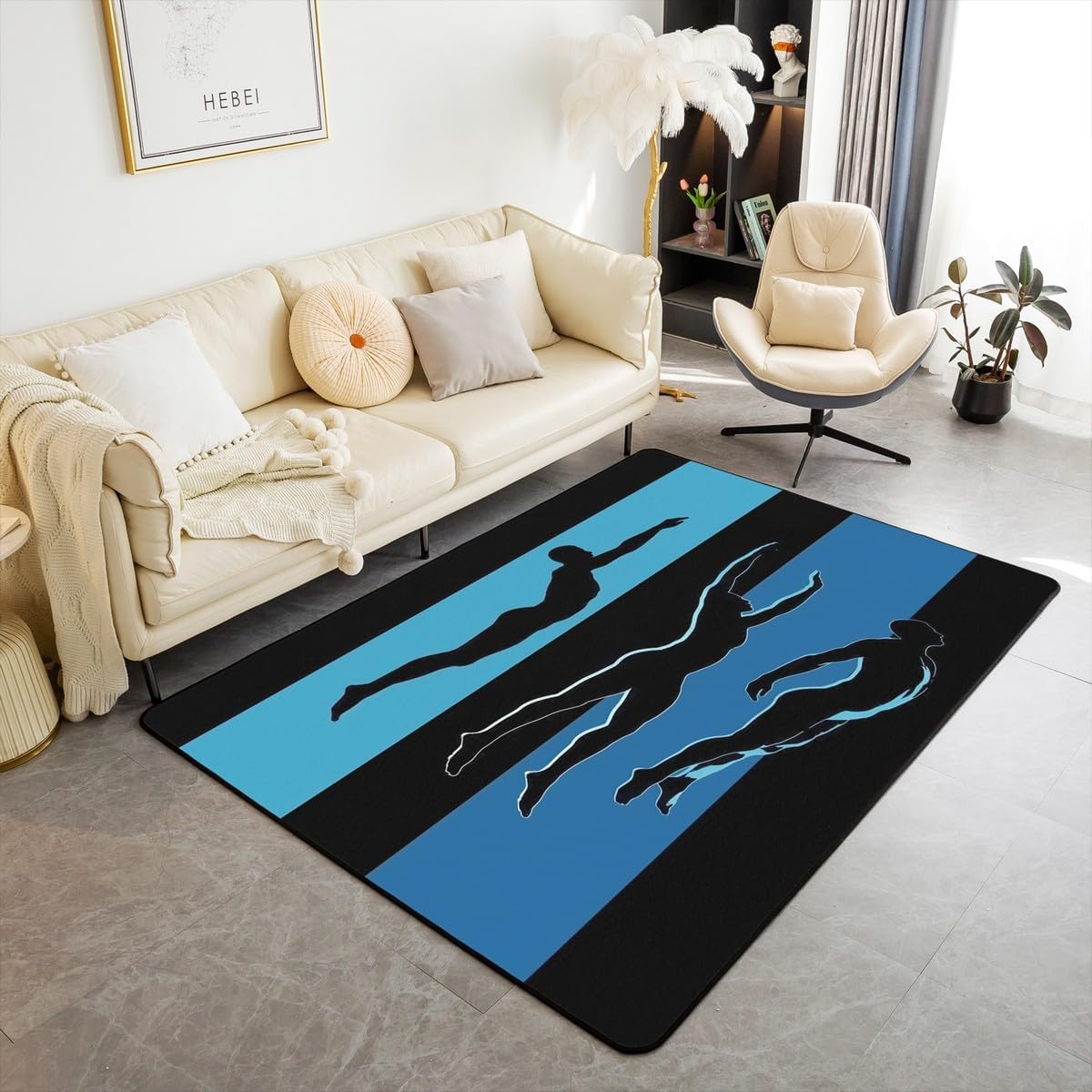 Erosebridal Black Blue Swimming Living Room Rugs 4'11" x 3'3",Non Shedding Living Room for Boys Kids Girls Teens Summer Holiday Cool Decorative Carpet Swim Sports Area Rug