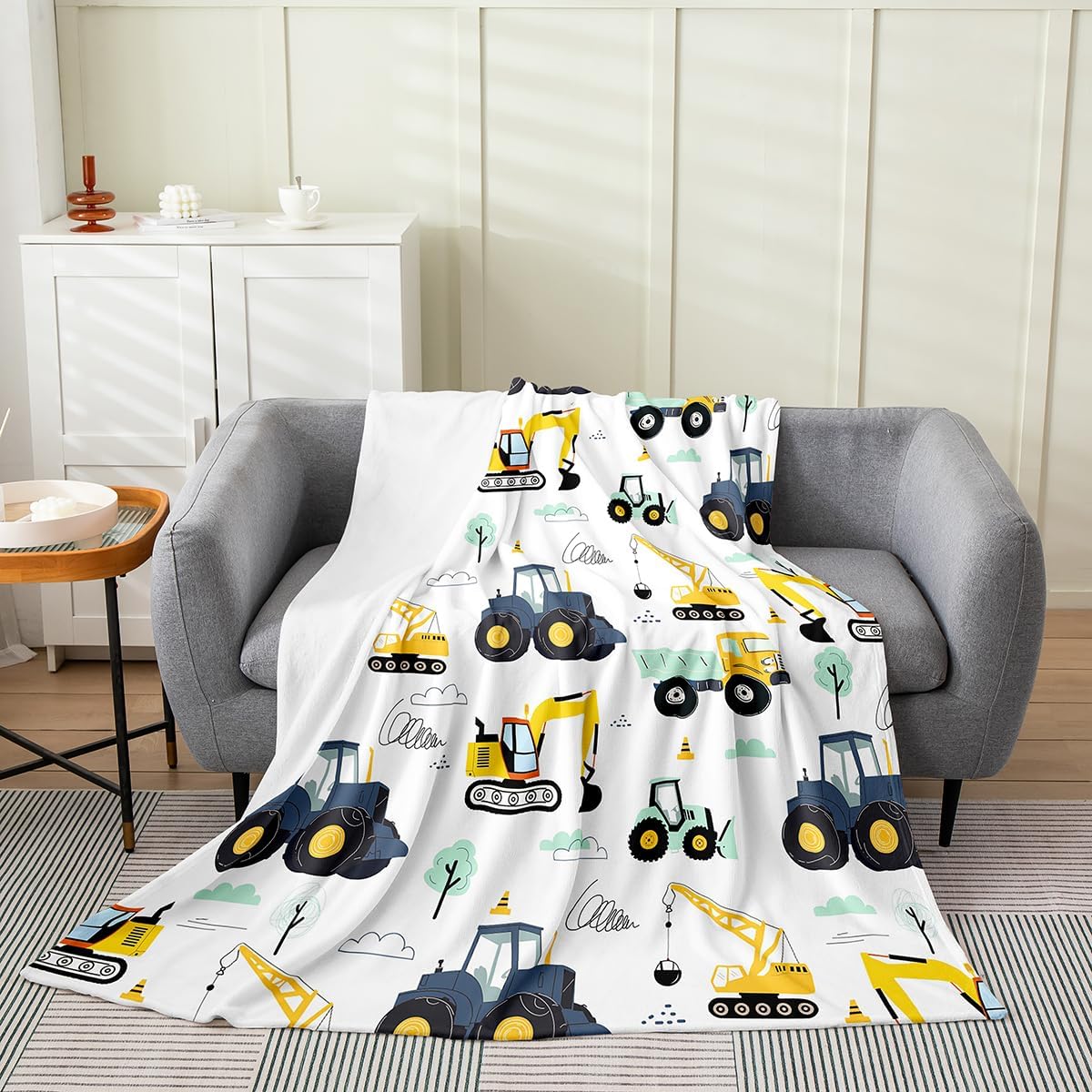 Kids Excavator Blanket 40"X50", Equipment Trucks Throw Blanket For Boys Girls Kids Children, Construction Vehicle Fleece Blanket, Cartoon Tractor Yellow Blue Vehicle Flannel Blanket Bedroom Decor