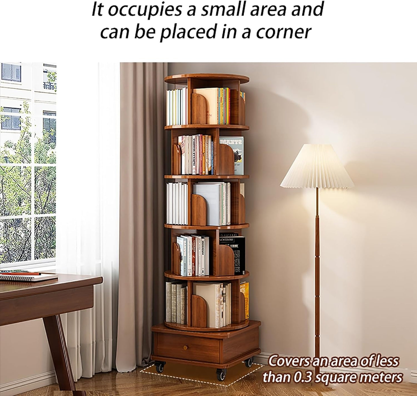 Mobile Bookshelf with Wheels and Drawers 5 Tier Wooden Bookcase Corner Tall Book Shelf Modern Wooden Rotating Bookcase Shelves Floor Freestanding for Living Room Corner Easy Assemble (Color : Wood co