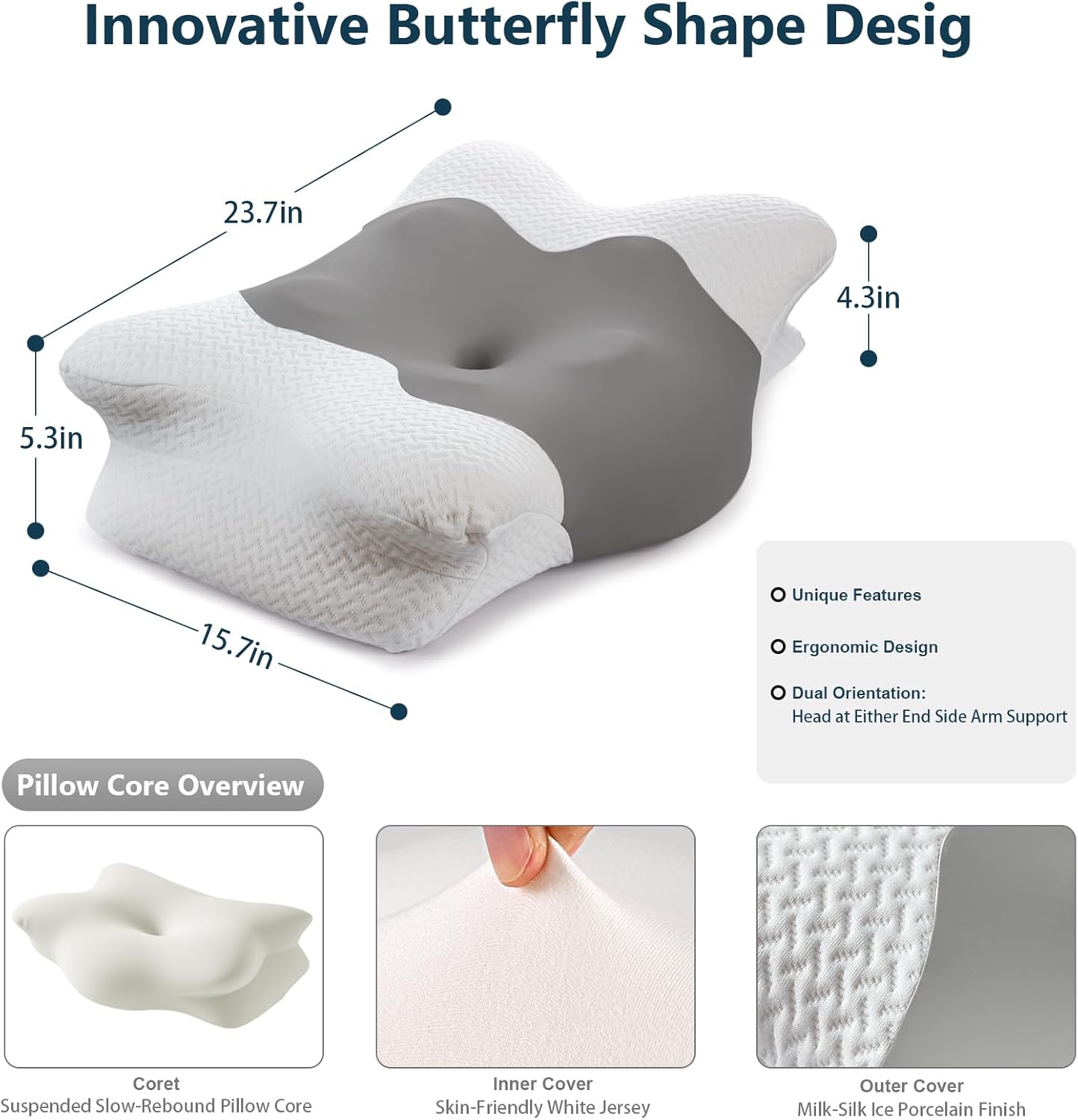 Cervical Neck Pillow for Sleeping, Adjustable Ergonomic Pillow, Contour Neck Support Side Sleeper Pillows for Adults, Memory Foam Pillow for Neck and Shoulder Pain Relief, Back,Stomach Sleeper