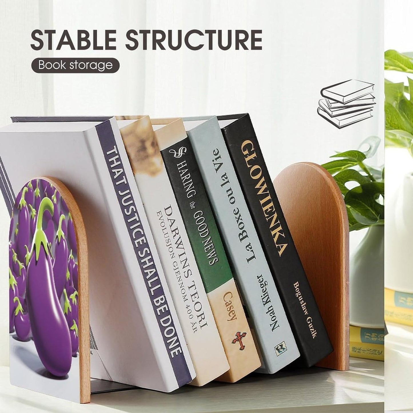 Cartoon Eggplant Bookend for Shelves Wooden Book End Large Size Sturdy Book Holders Stoppers with Metal Base for Bookshelves Slick Decorative Bookends Stands