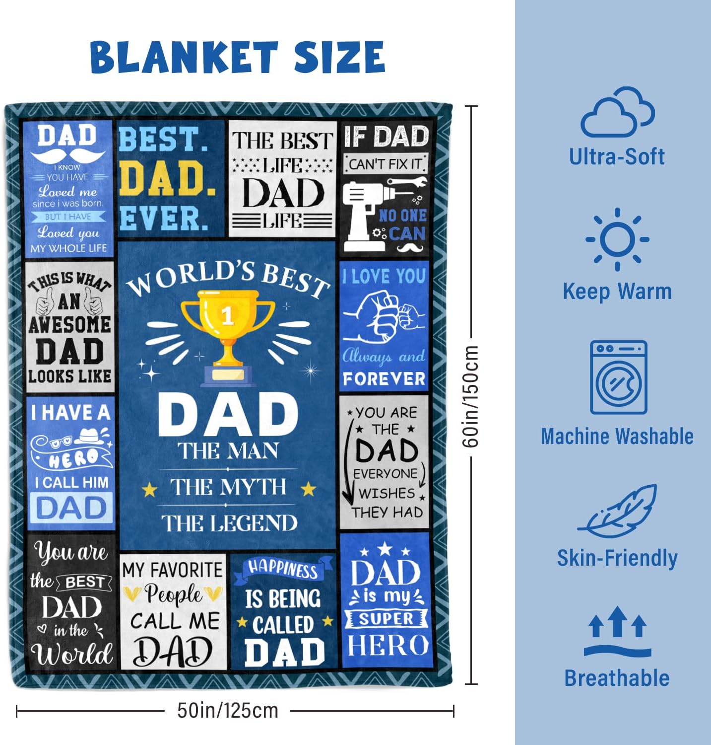 Dads Birthday Gifts Ideas - Dads Gifts from Daughter Son - Fathers Day Christmas Valentines Day Birthday Presents for Dad - Presents for Father Who Wants Nothing - Best Dad Ever Blanket 50"x60"