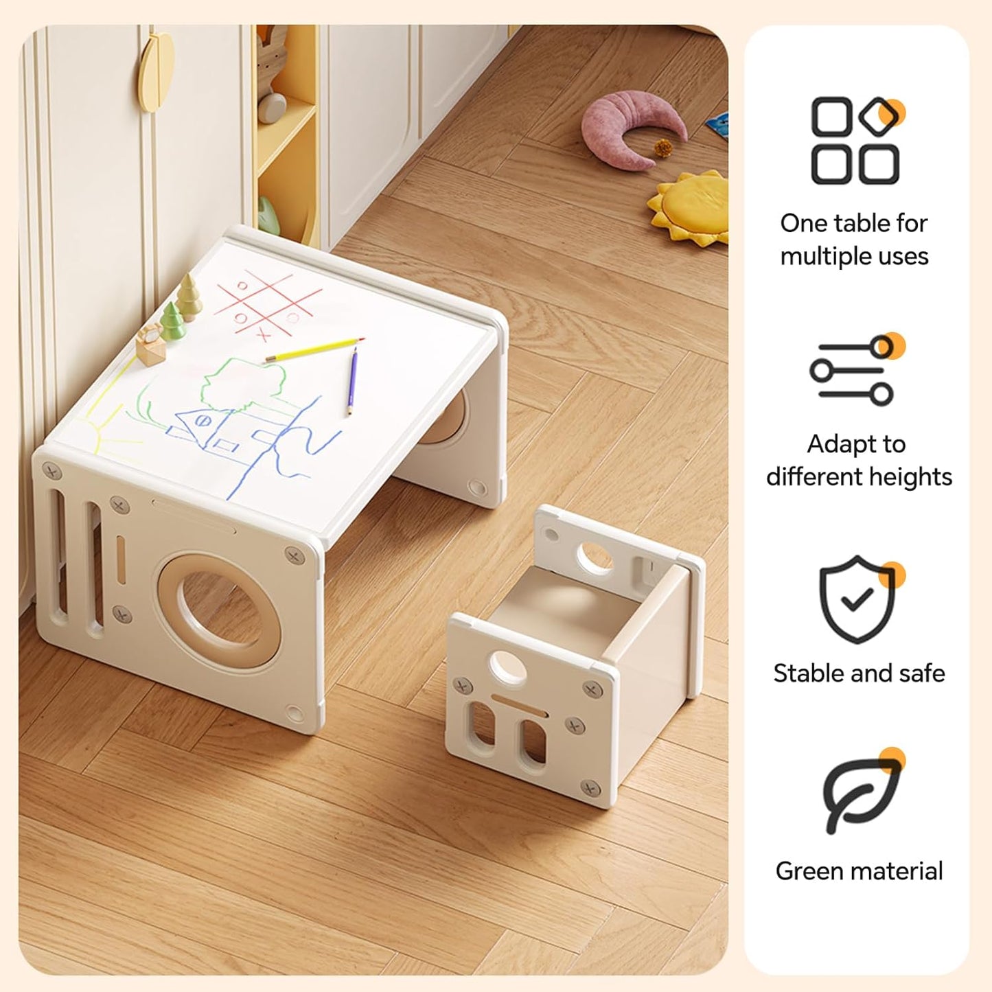 PakaLife Kids Table and Chairs Set with Storage,Multi-Functional Toddler Table and Chair Set for Bedroom & Study Room, Quality Solid Height Adjustable Kids Desk for Reading/Eating/Playing