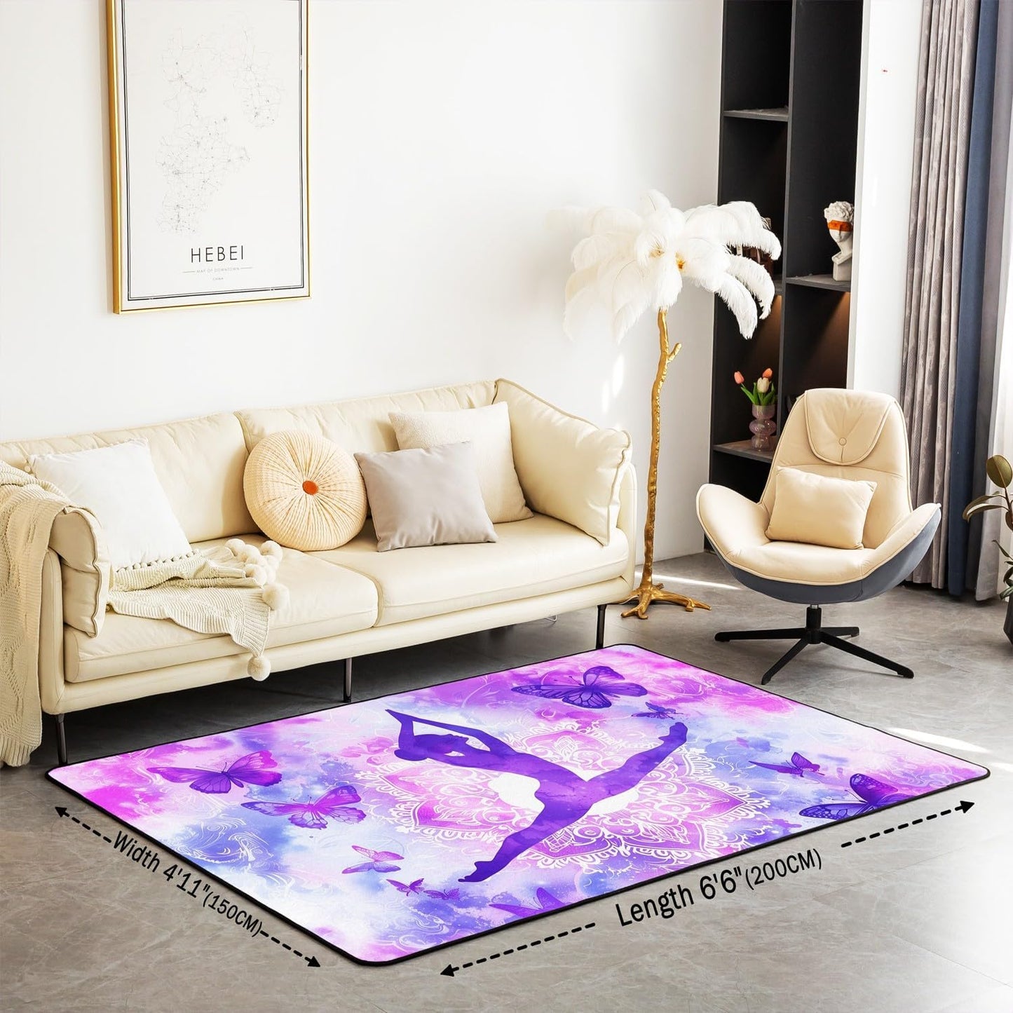 Erosebridal Mandala Living Room Rugs Gymnastic Area Rug 6'6" x 4'11" Purple Girls Boho Flower Butterfly Fantasy Watercolor Non Slip Washable Indoor Floor Mat Tie Dye Printed Decorative Carpet Bedroom