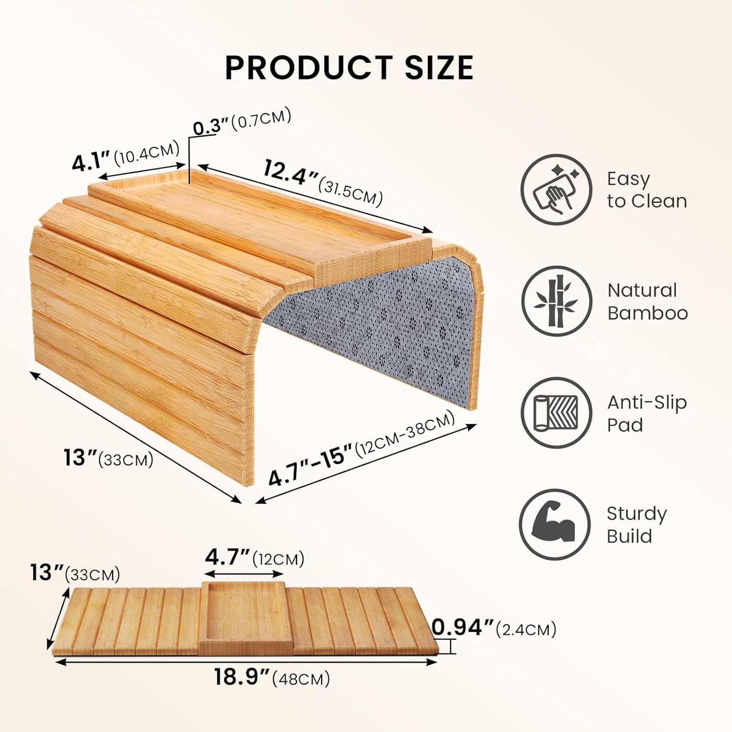 Sofa Arm Tray,Bamboo Folding Couch Arm Tray,Sofa Armrest Trays with Anti-Slip Pad for Drinks,Snacks,Phone,Remote Control（Natural）