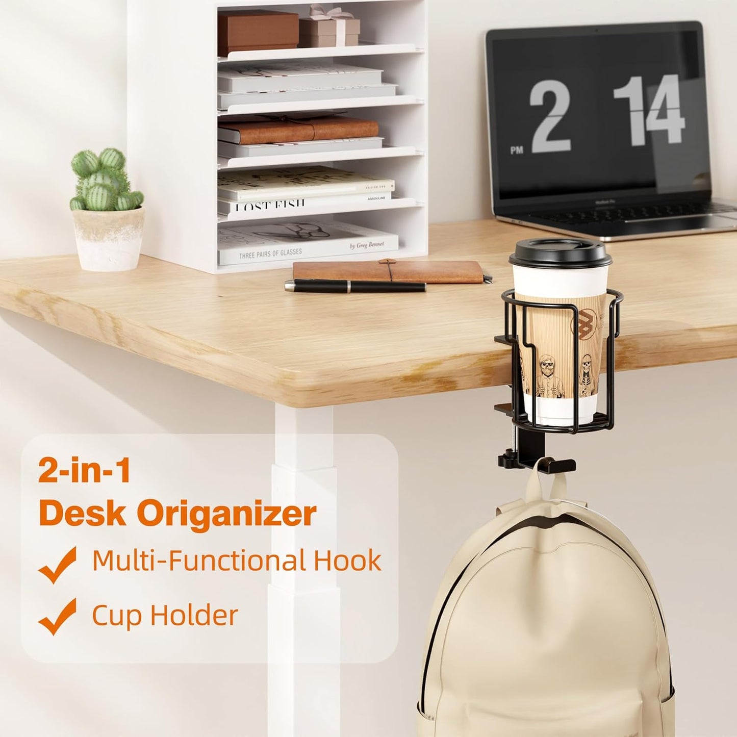 Large Desk Cup Holder, 2-in-1 Clip On Cup Holder with Headphone Hook, Heavy-Duty Metal Drink Holder for Insulated Tumblers, Big Water Bottles, Fits Office Desk Organizer, Dorm, Gaming Setup (1 Pack)