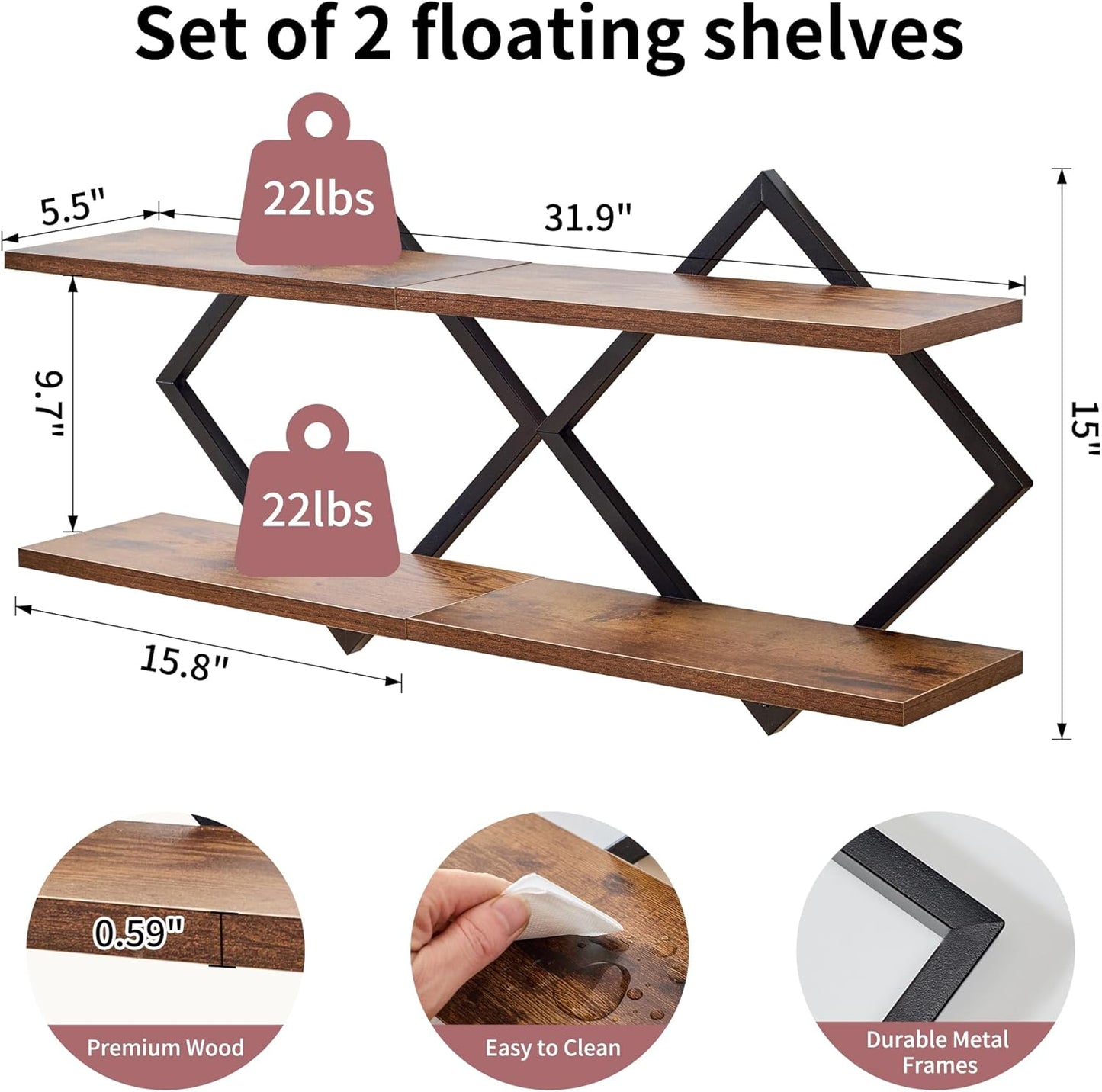 Set of 2 Floating Shelves Farmhouse Wall Shelves 2-Tier Decorative Hanging Shelves Wall Mounted Bathroom Shelves Wooden Wall Decor Shelf (Brown)