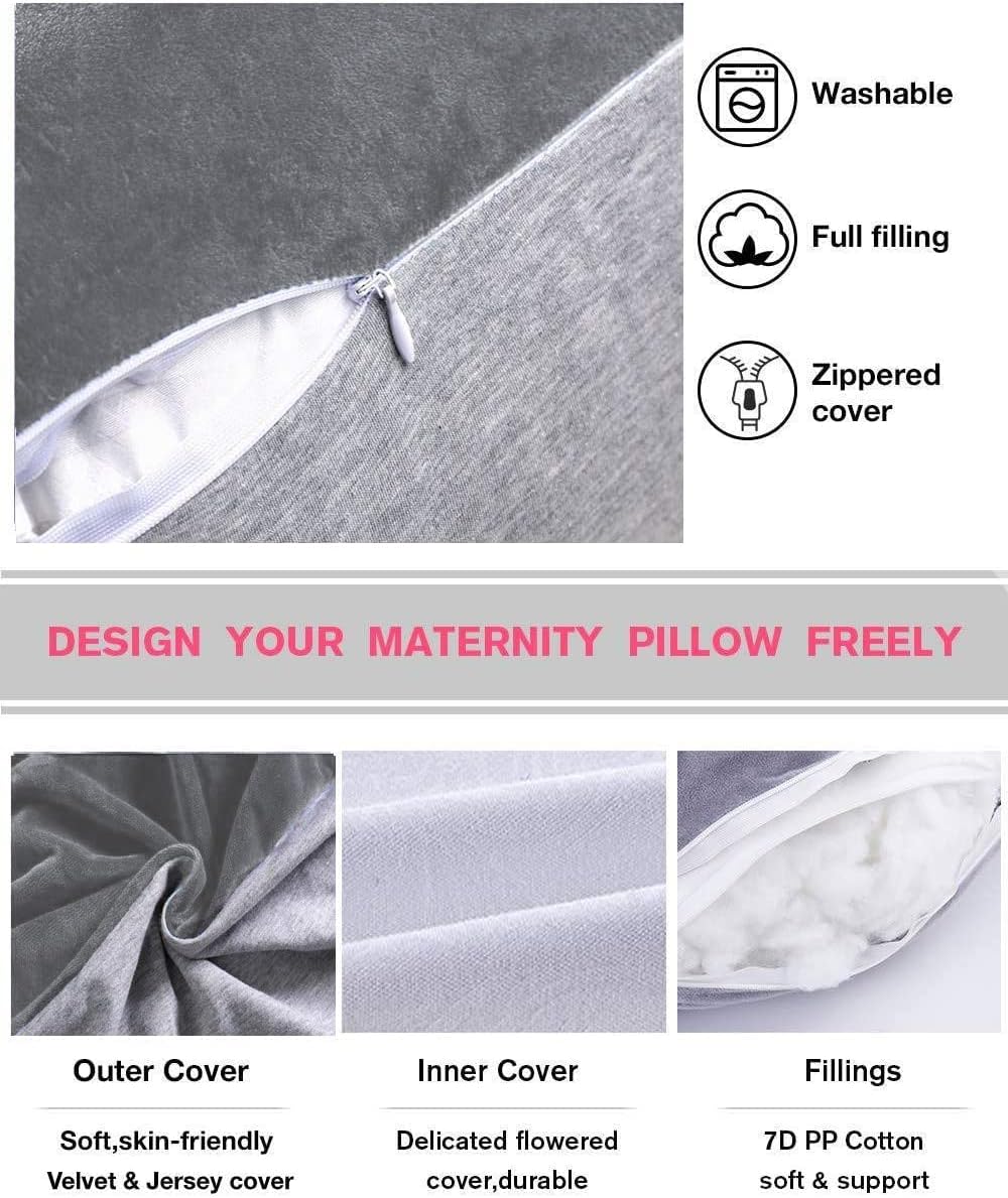 AS AWESLING 60in Full Body Pillow | Nursing, Maternity and Pregnancy Pillow | Extra Large U Shape Pillows with Detachable Side, Separate Support Pillow and Removable Cover (Velvet and Jersey Grey)