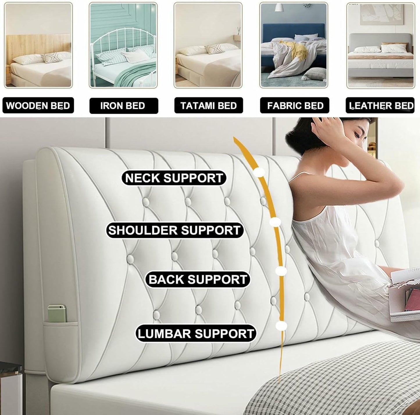 Bedside Cushion Large Bed Backrest Faux Leather Headboard Pillow Lumbar Support Upholstered Reading Pillow Removable Daybed Bunk Bed Bolster,Gray,Straps/59x23x2In