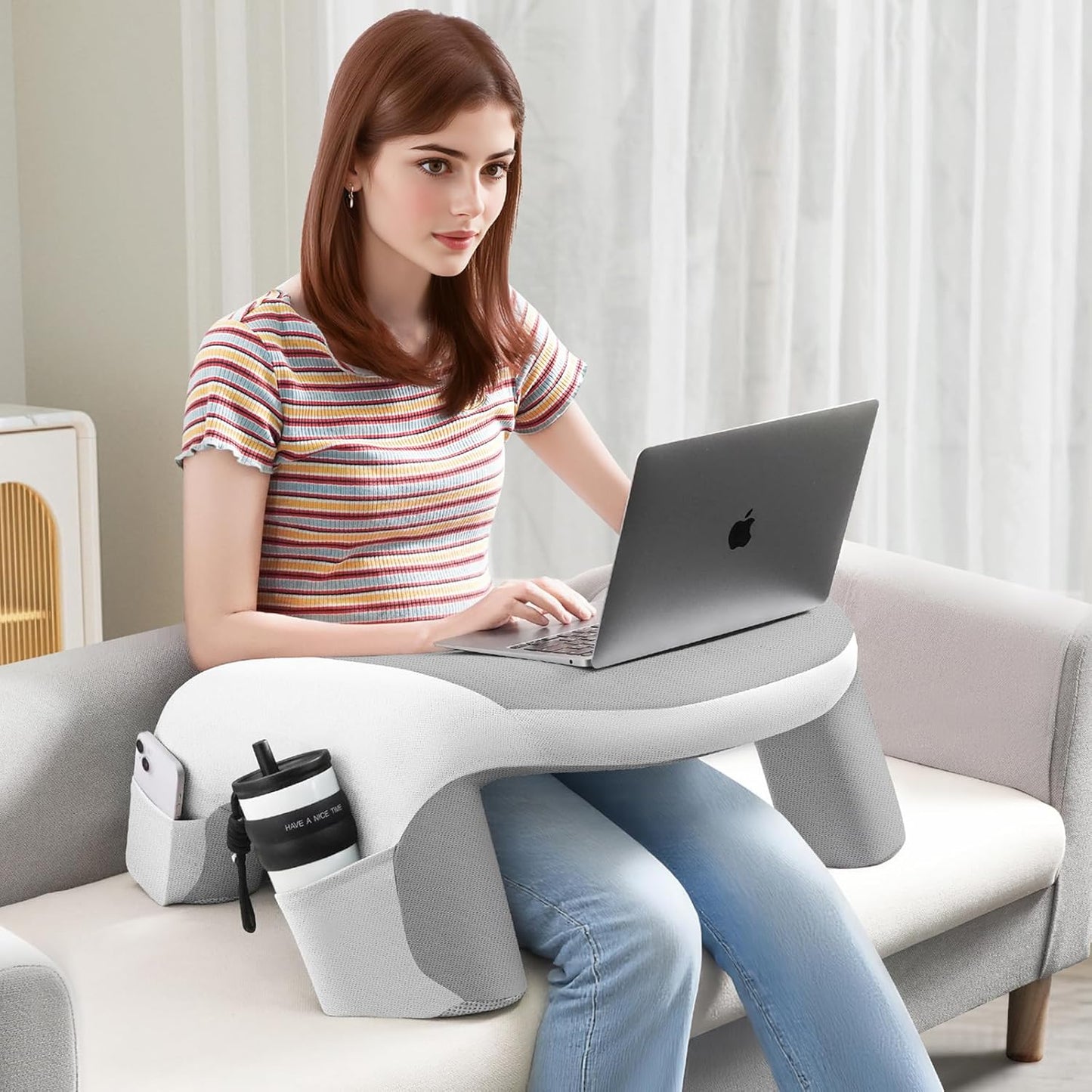 Laptop Lap Desk, Reading Pillow for Bed, Memory Foam Arm Rest Support Gaming Pillow with Cup/Phone Pocket, Laptop Lap Desk for Working, Gaming, Reading on Couch Bed Floor- White
