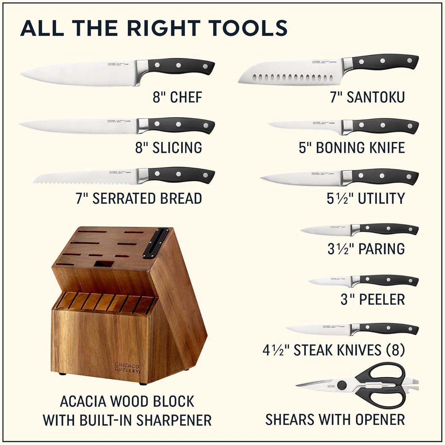 Chicago Cutlery Insignia Triple Rivet Poly (18-PC) Kitchen Knife Block Set With Wooden Block & Built-In Sharpener, Black Ergonomic Handles and Sharp Stainless Steel Professional Chef Knife Set