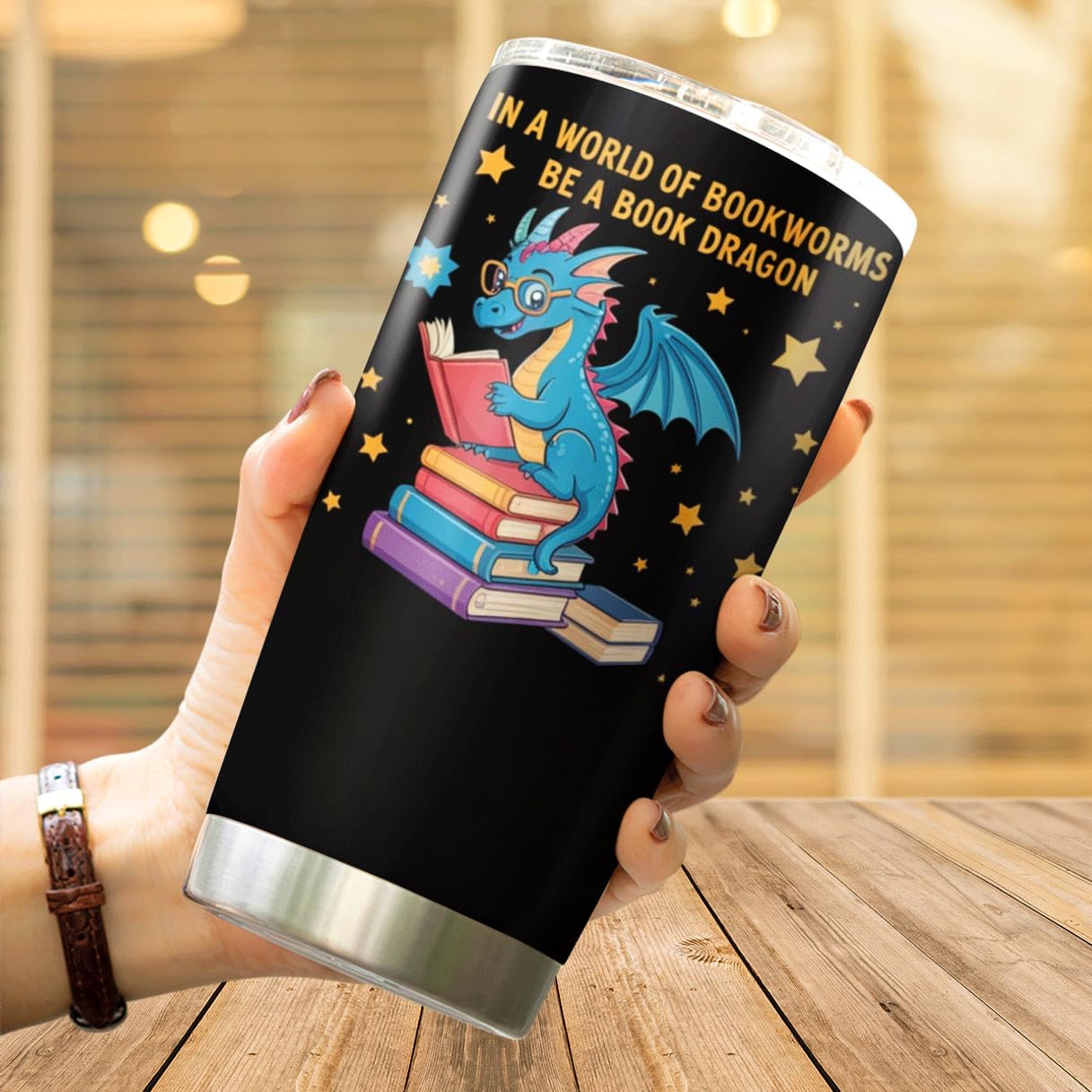 CUBICER Book Dragon Reading Design Stainless Steel 20 Oz Tumbler For Lovers Teachers Students Fantasy Fans Bottle Insulated Hot Cool Coffee Heat Drink Outdoor Travel Iced Mug