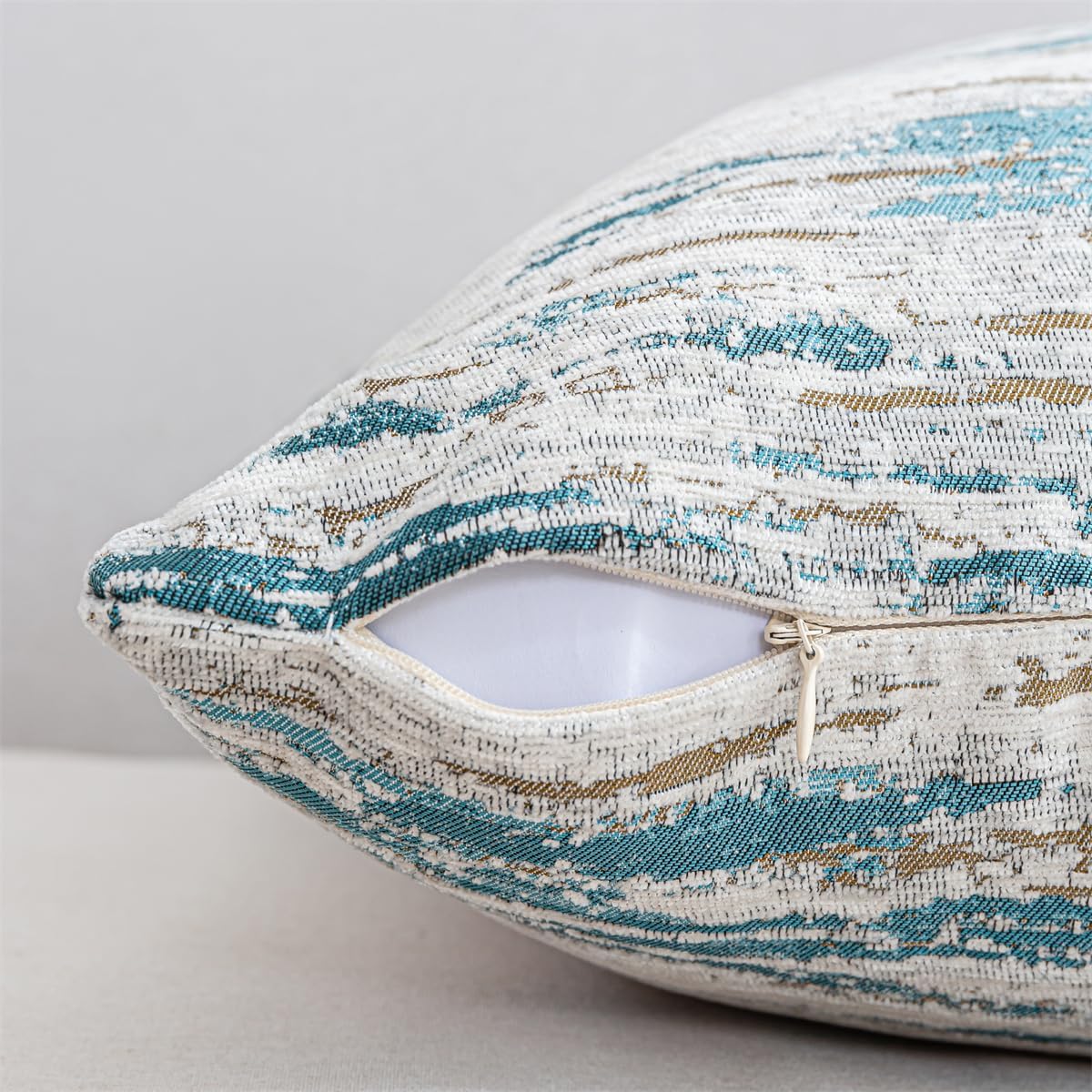 Lumbar Pillow Covers 12x20 Inch Set of 2 - Chenille & Jacquard Textured Cushion Covers with Abstract Striped Design - Modern Coastal Decor in Cream Beige & Teal Ombre