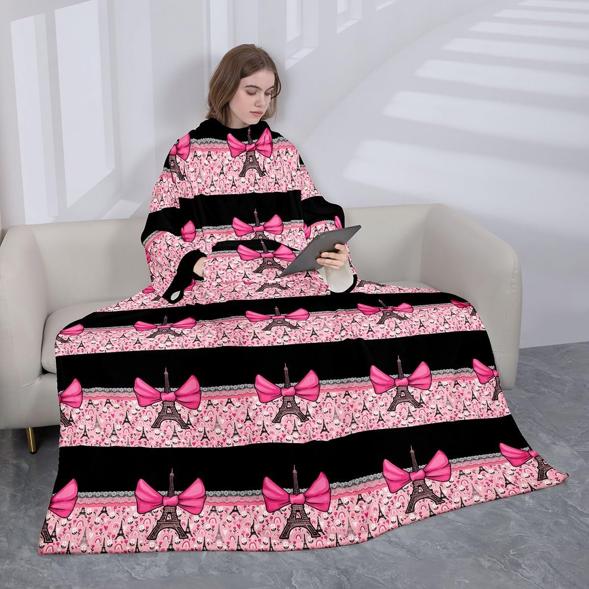 Feelyou Eiffel Tower Fleece Blanket with Sleeves 50"x70" Romantic Paris Bowknot Super Soft Sleeved Throw with Arm Black Pink Wearable Blanket Warm Cozy Modern French Fuzzy Plush Blanket