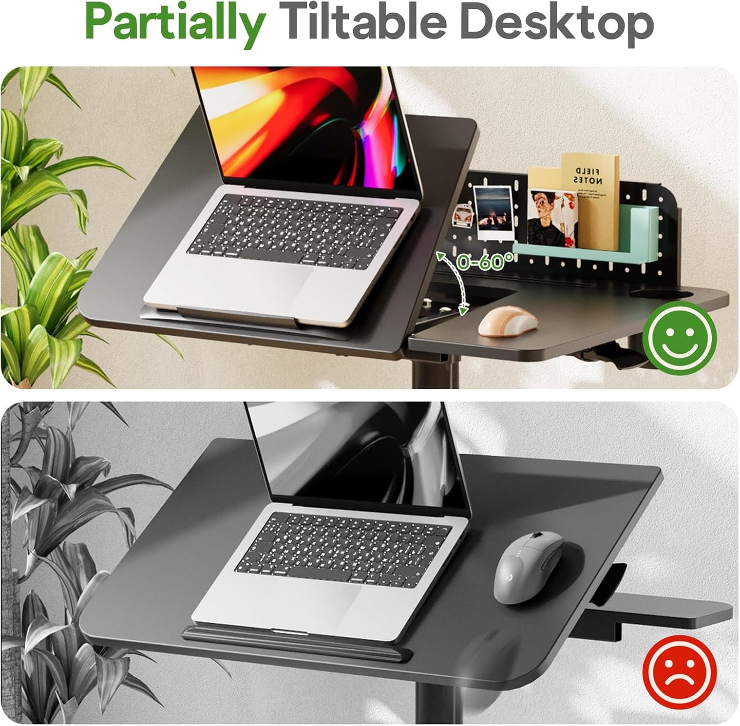 JOY worker Mobile Standing Desk with 60° Tiltable Desktop, 28" Height Adjustable Rolling Desk, DIY Pegboard & Storage Base, Portable Laptop Desk with 4 Lockable Wheels for Home Office, Black