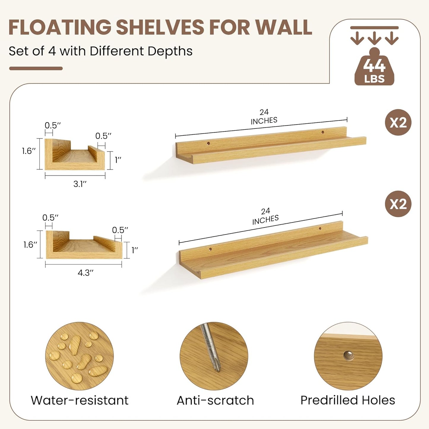 Fun Memories Picture Ledge Shelf, Floating Shelves Set of 4, 24 Inch Picture Shelves for Wall with Ledge, Large Nursery Book Shelf for Toys Storage, Living Room, Bedroom Decor Frames, Oak