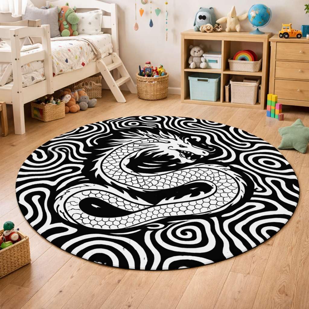 Round Dragon Area Rug Black White New Zealand Wool Hand Tufted Decorative Floor Carpet Abstract Graphic Design Living Room Bedroom Balcony Indoor Outdoor Accent Mat -6" (Round)