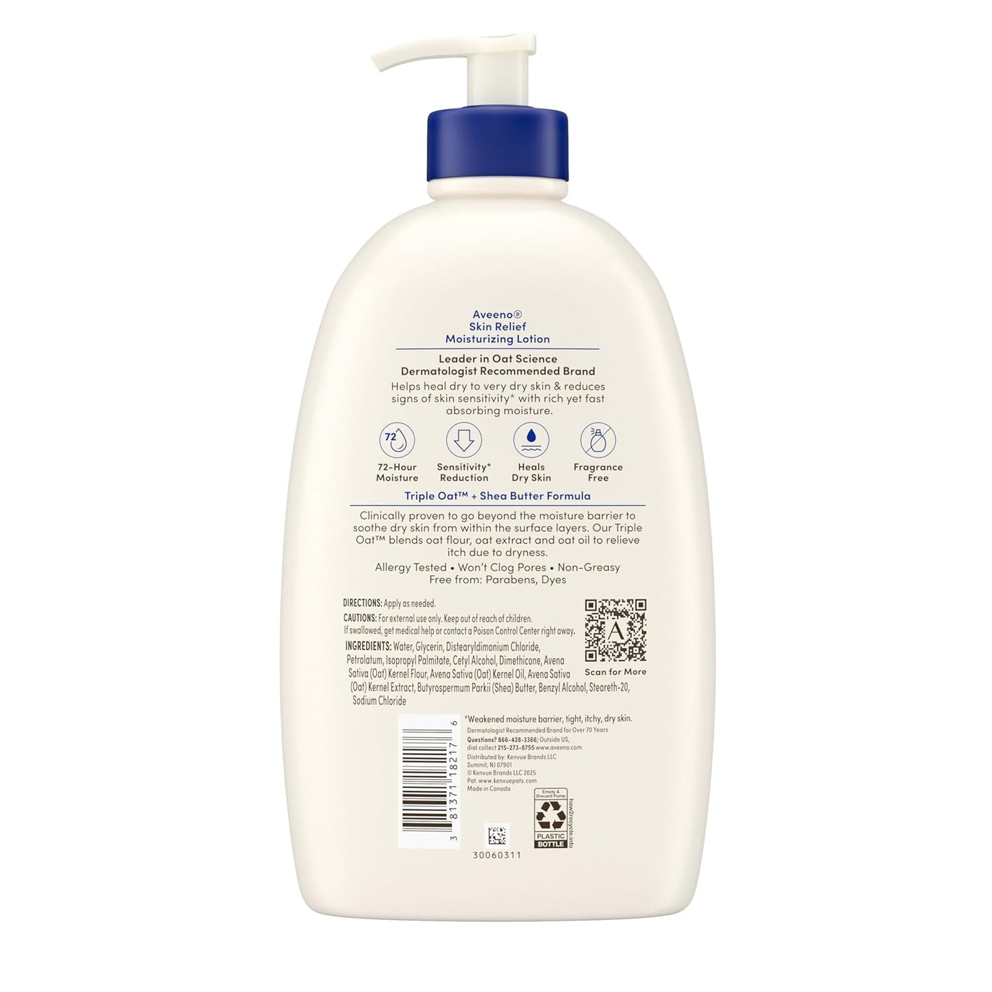 Aveeno Skin Relief Moisturizing Lotion Heals Very Dry, Sensitive Skin, Fast-Absorbing Body Lotion with Triple Oat & Shea Butter, Fragrance Free, Non-Comedogenic, Value Size, 33 fl. oz