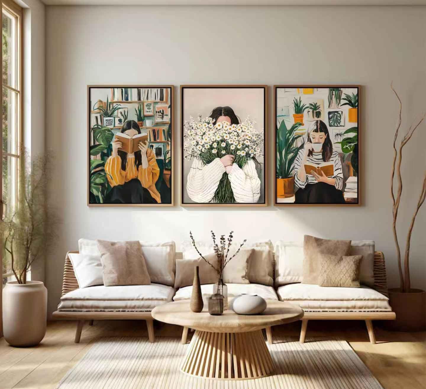 3Pcs Emerald Green Abstract Figure Wall Art Fashion Reading Woman and With Daisies Bouquet Poster Wall Decor Retro Picture Stripe Female Portrait Paintings for Living Room Bedroom 16x24in Unframed