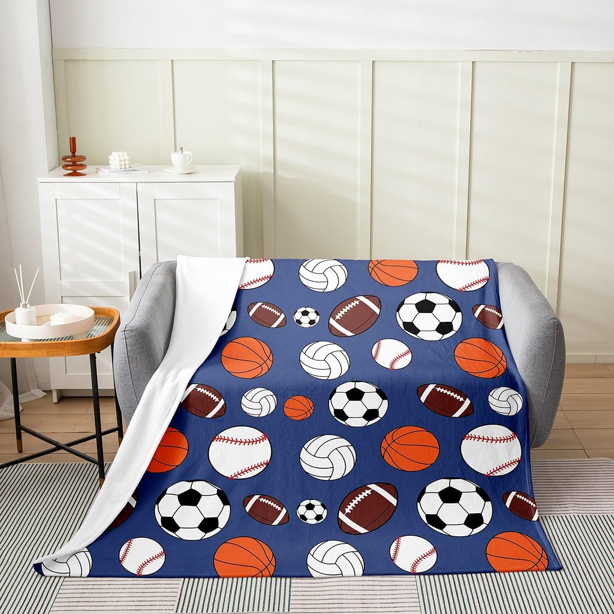 Feelyou Ball Game Sports Fleece Throw Blanket Throw 50"x60" Kids Football Baketball Baseball Flannel Blanket Plush Fuzzy for Sofa Couch Boys Girls Teens Pale Blue All Season