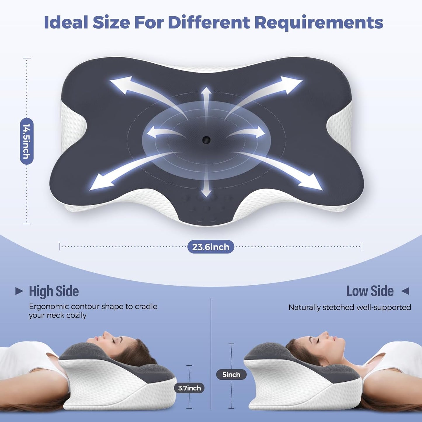 Cervical Neck Pillow for Pain Relief, Ergonomic Neck Pillow for Sleeping, Contour Orthopedic Side Sleeper Pillow for Back Stomach Sleepers Bed Pillow with Pillowcase