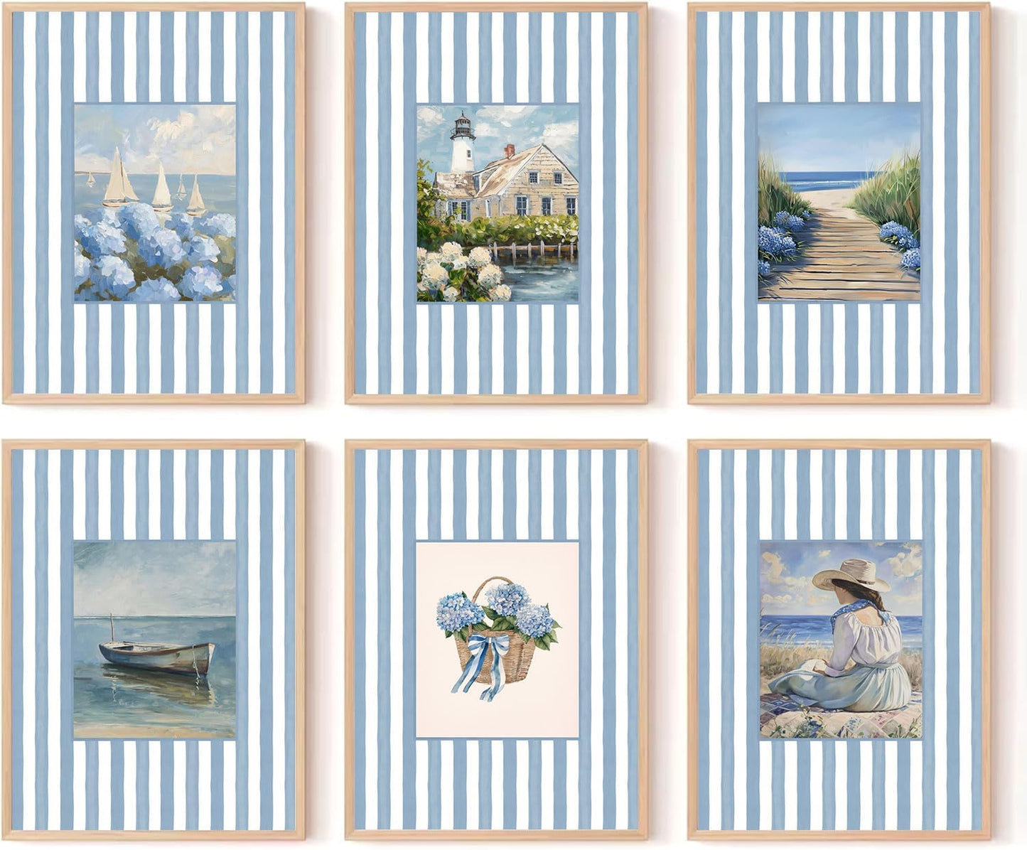 6Pcs Coastal Granddaughter Wall Art Prints Blue Stripe Hydrangea Beachy Wall Decor Pictures Summer Beach House Preppy Aesthetic Posters for Girly Bedroom Dorm Apartment Home Decoration (blue, 10"L x 8"W, Unframed)