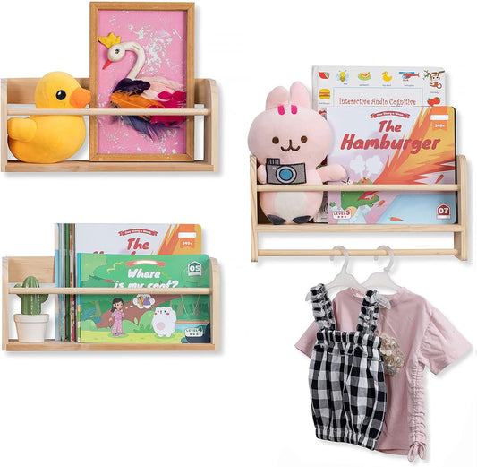 Nursery Book Shelves for Wall: Solid Pine Wood Wall Mounted Bookcase with Anti-Drop Bar for Kids' Room Easy Installation with Back Panel (Natural)