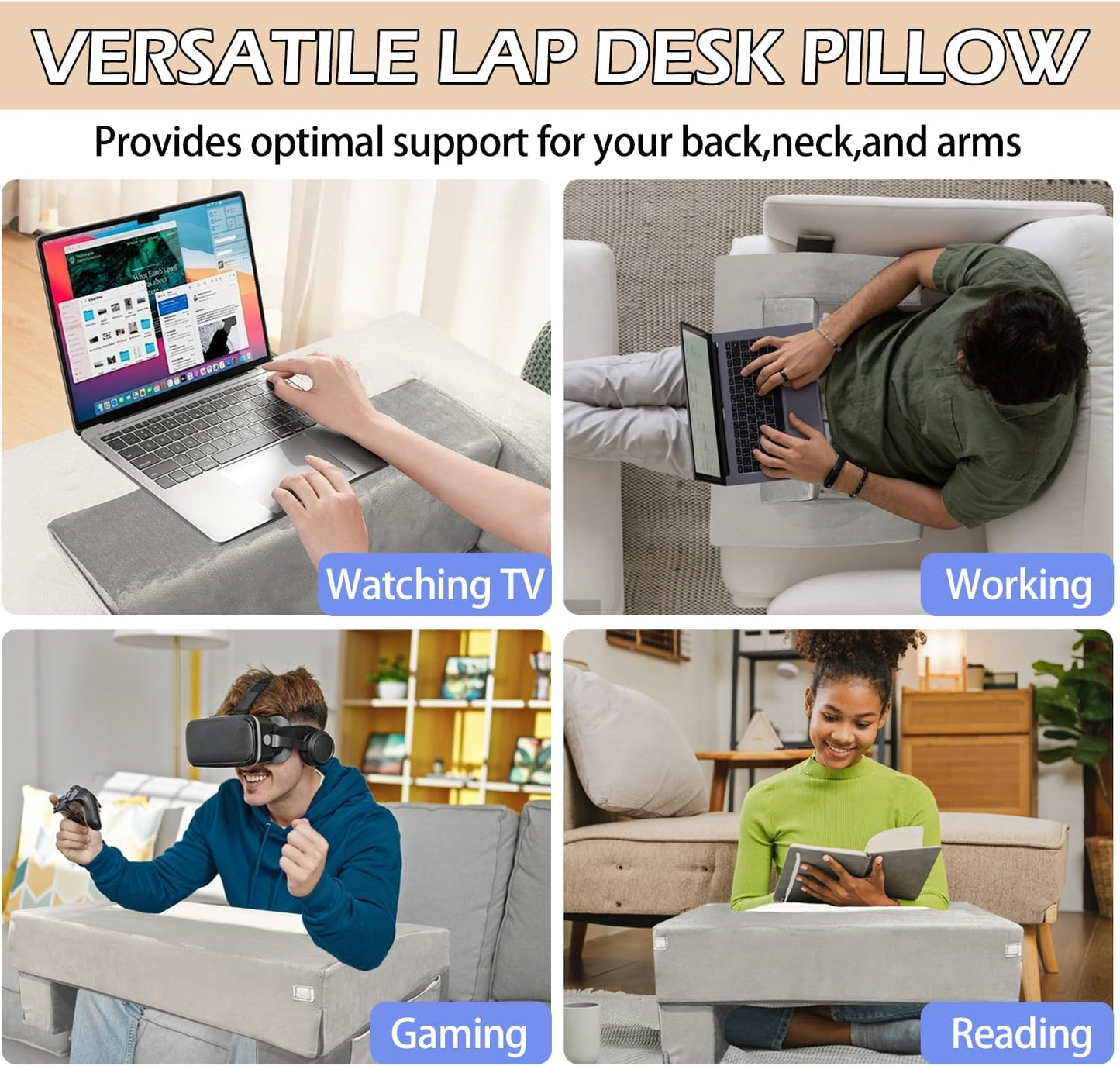 Lap Desk Pillow for Laptop, Large Reading Pillow for Adult, Ergonomic Arm Rest Pillow with Cup Holder, Memory Foam Bed Desk for Working (Reading Pillow + Cup Holder)
