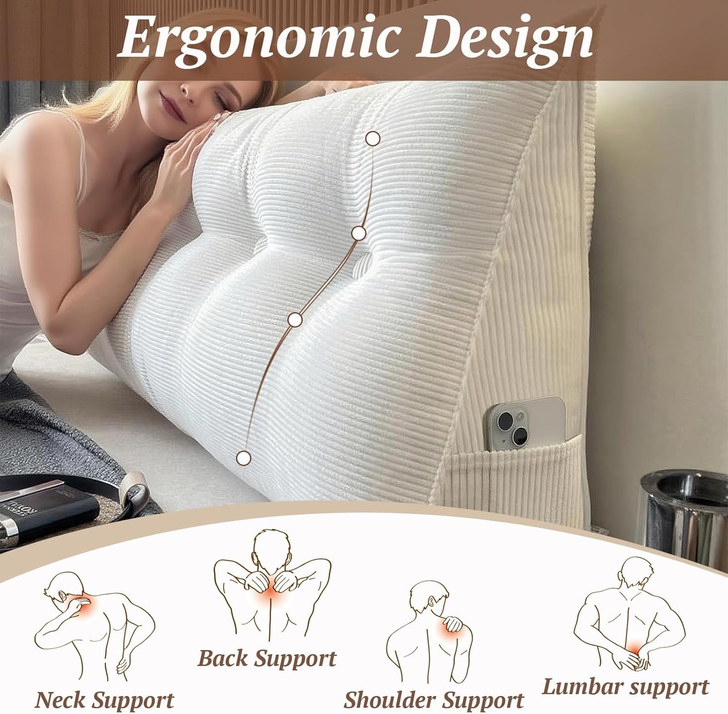 Djft Wedge Headboard Pillow, Bed Backrest Reading Cushion with Removable Cover, Large Sitting Support Pillow with Side Pockets (White, King 76in)