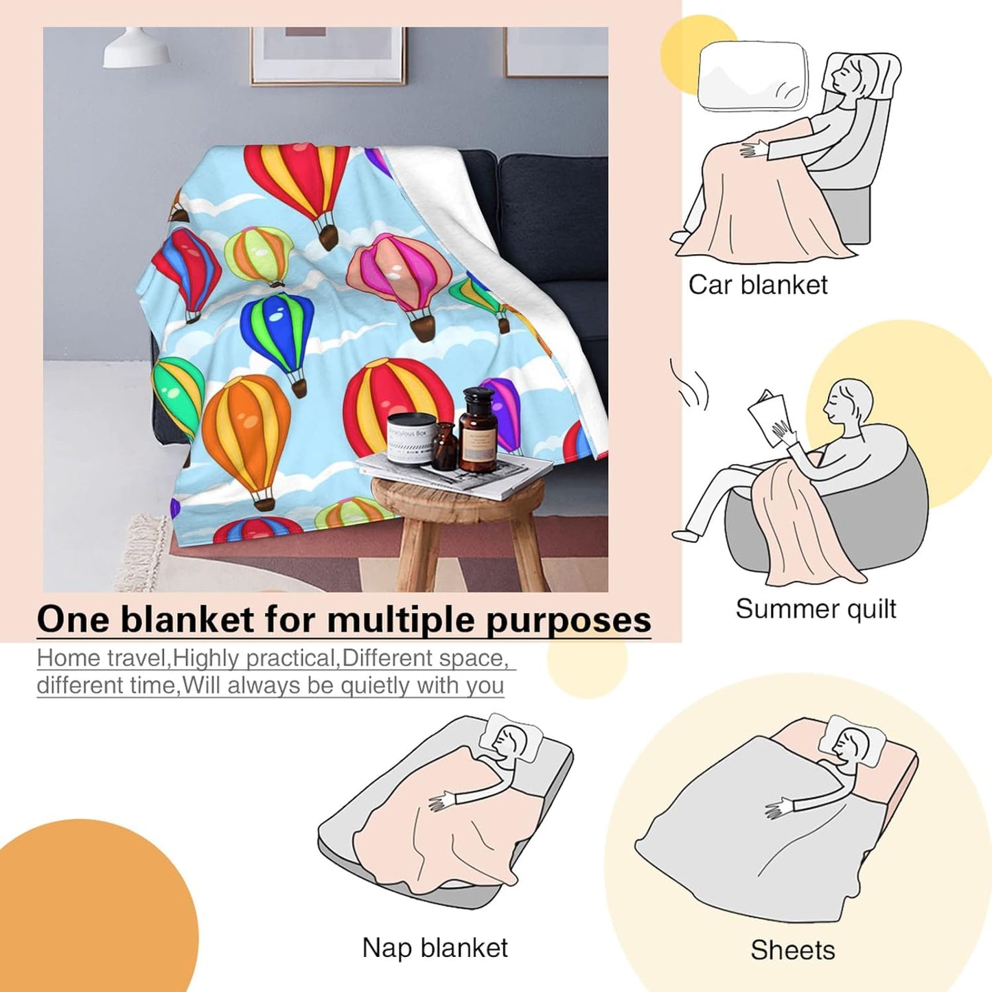 Hot Air Balloon Blanket 50x60 Inches - Flannel Fleece Throw Blankets for Adults - Soft Cartoon Cloud & Balloon Design - Cozy Lightweight Blanket for Couch, Office & Reading Nook - Home Decor Gift