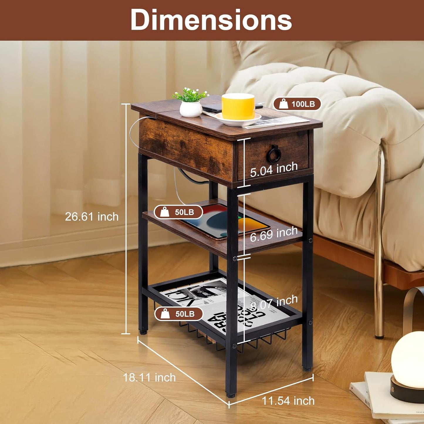 Skinny End Tables with USB Ports and Outlets for Living Room, Slim Nightstand with Charging Station for Bedroom,Chair Side Table with Storage for Small Spaces,Rustic Side Table Recliner