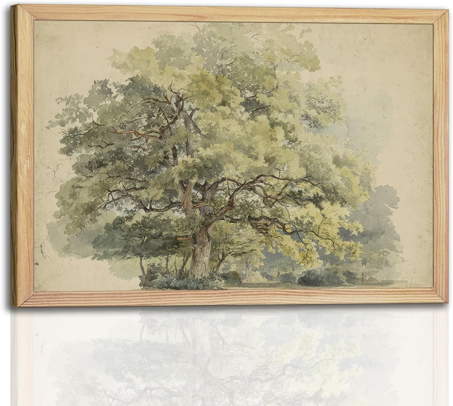 Watercolor Oak Tree Wall Art 16x24Inchs - Green Nature Landscape Painting Print with Light Wood Frame, Rustic Farmhouse Home Decor for Living Room Bedroom Office, Framed Canvas Picture Poster