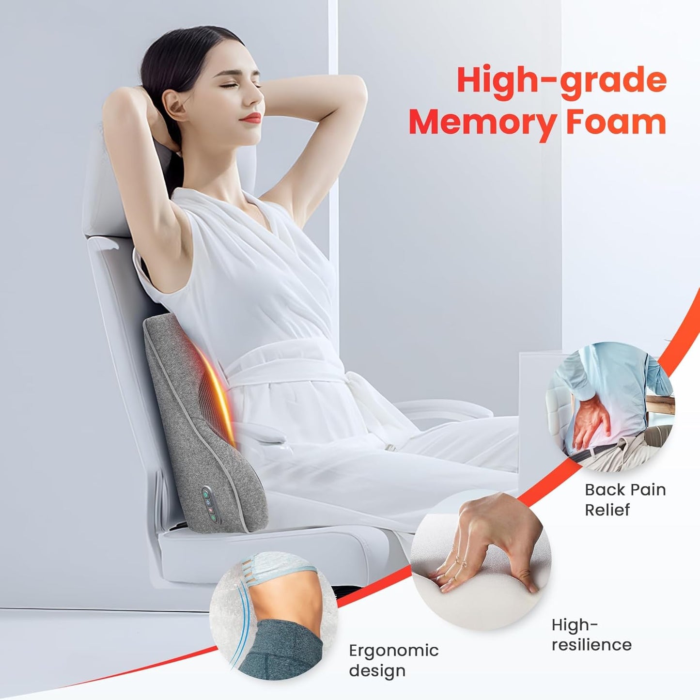 COMFIER Back Lumbar Support Pillow for Office, Heated Back Support with 4 Shiatsu Massage Heads & Heating Function, Memory Foam Lumbar Pillow for Computer Gaming Chair-Gray