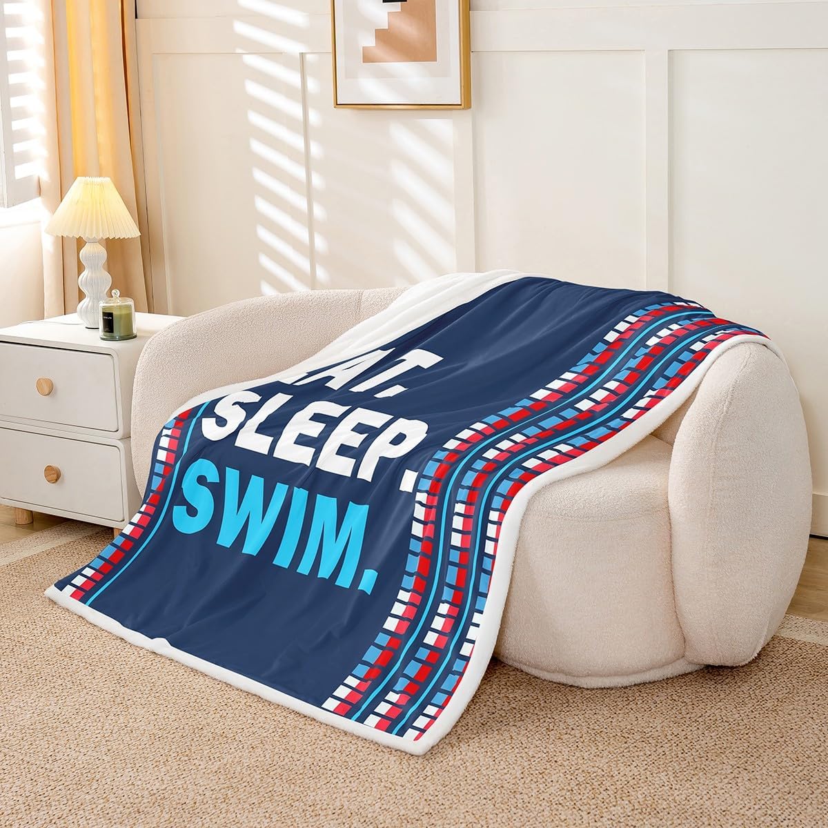 Swim Lover Bed Blanket Water Sports Theme Throw Blanket Lightweight Soft Cozy Luxury Swimming Lane Fleece Blanket Navy and Red Flannel Blanket for Sofa Bedroom Office Travel All Season(Twin 60"x80")