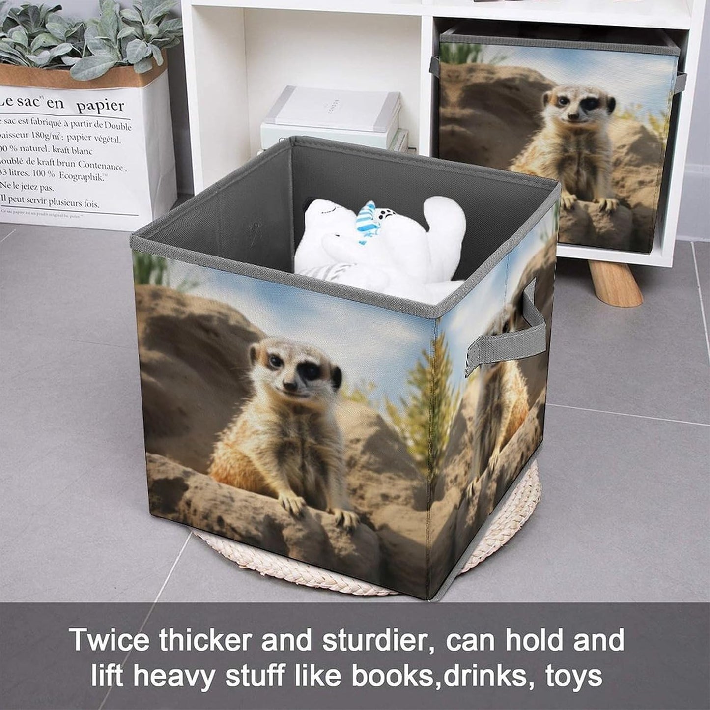 Meerkat Animal Storage Bins with Handles Fashion Large Storage Cubes Sturdy Foldable Storage Boxes Space-Saving Storage Baskets for Home Office Clothes Closet Organizers