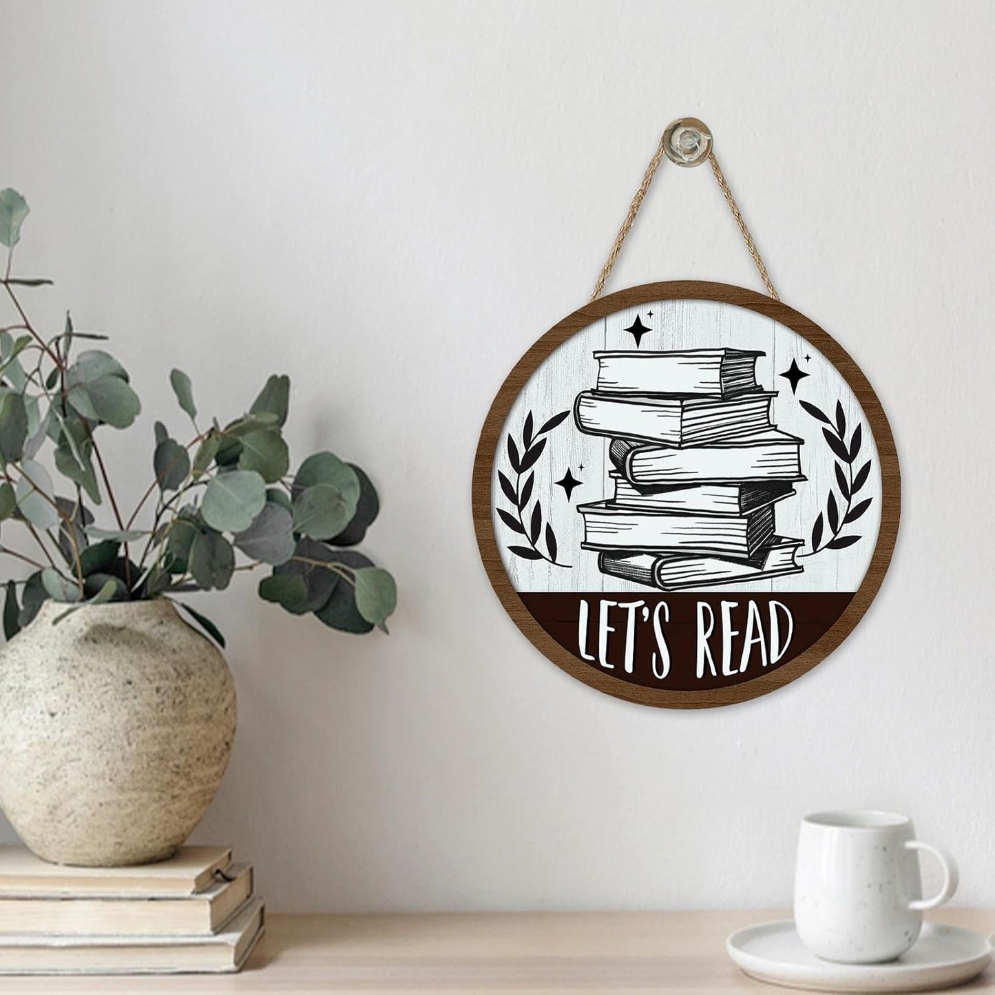 Vintage Let's Read Book Front Door Sign, Retro Inspirational School Classroom Library Reading Corner Wood Plaque Hanger, Farmhouse Wooden Wreath Indoor Wall Hanging Home Decor Book Lover Gift